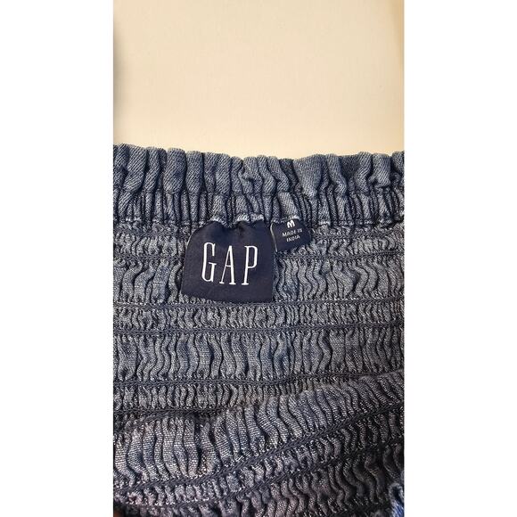 Gap sz M Smocked bust puff sleeve frill denim chambray crop top peplum stretch - Picture 5 of 8